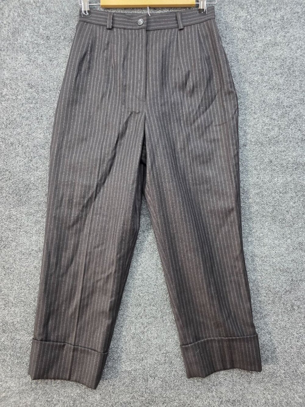 Vintage 90s Harvé Benard Wool Pinstripe Cropped Pants 4 Gray Cuffed Academia